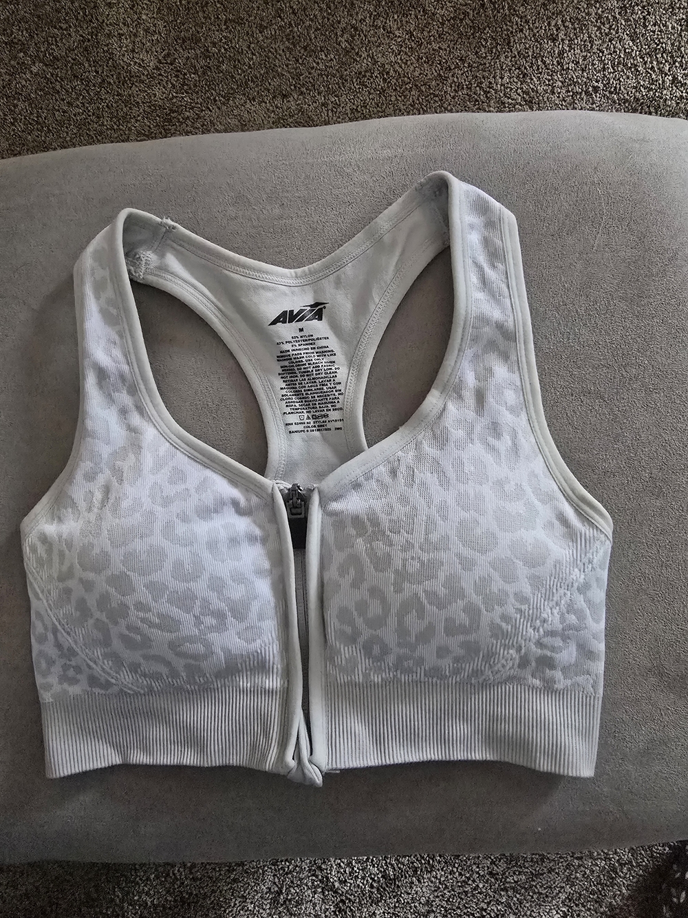 Avia White Front-Zip Leopard-Print Racerback Sports Bra